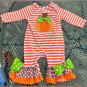 Marie Nicole Pumpkin Girl’s Fall Romper 3-6 months stripe polka dot ruffle bows